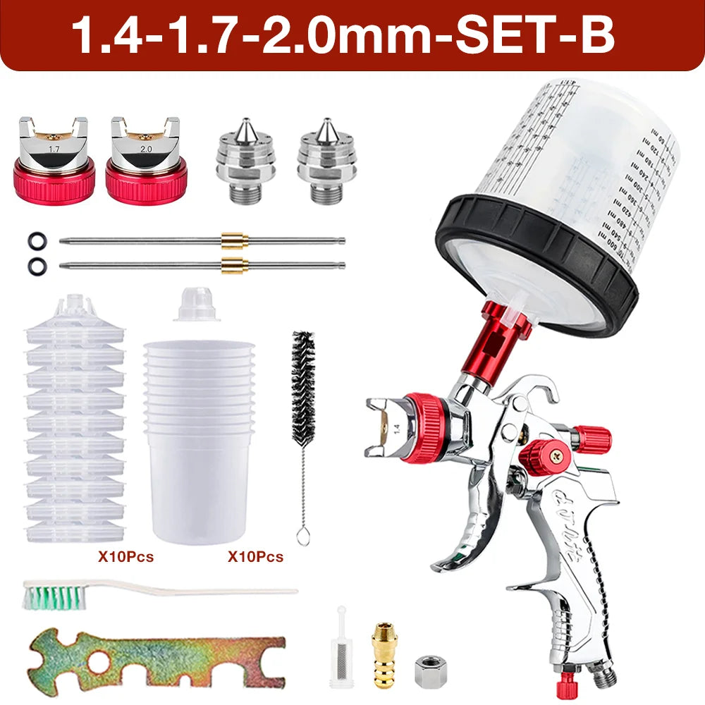 1.4mm 1.7mm 2.0mm Professional HVLP Spray Gun Home Automatic Paint Spray Gun Tool, 600ml No Clean Disposable Measuring Cup 10pcs