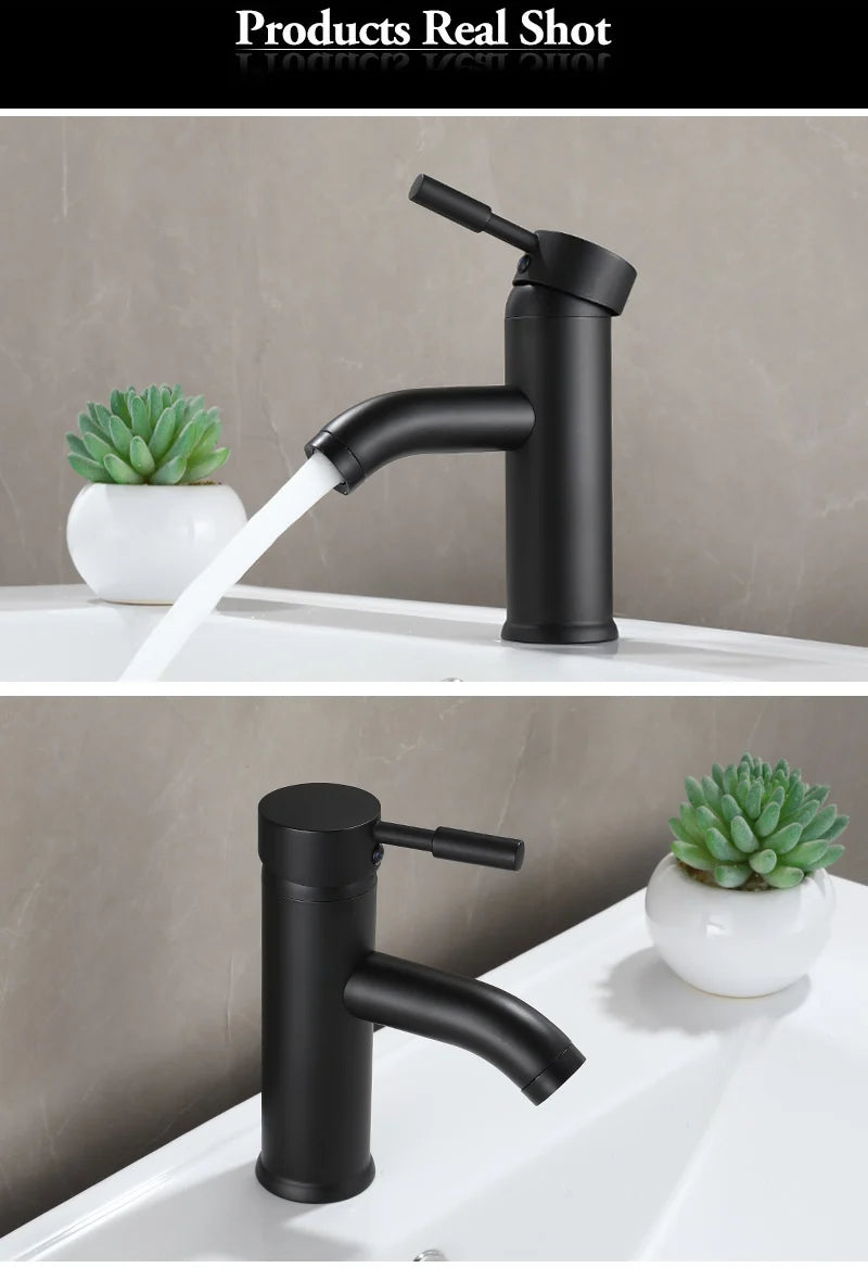 Black Minimalist Style Bathroom Faucet Hot Cold Water Sink Mixer Tap Stainless Steel Basin Faucets