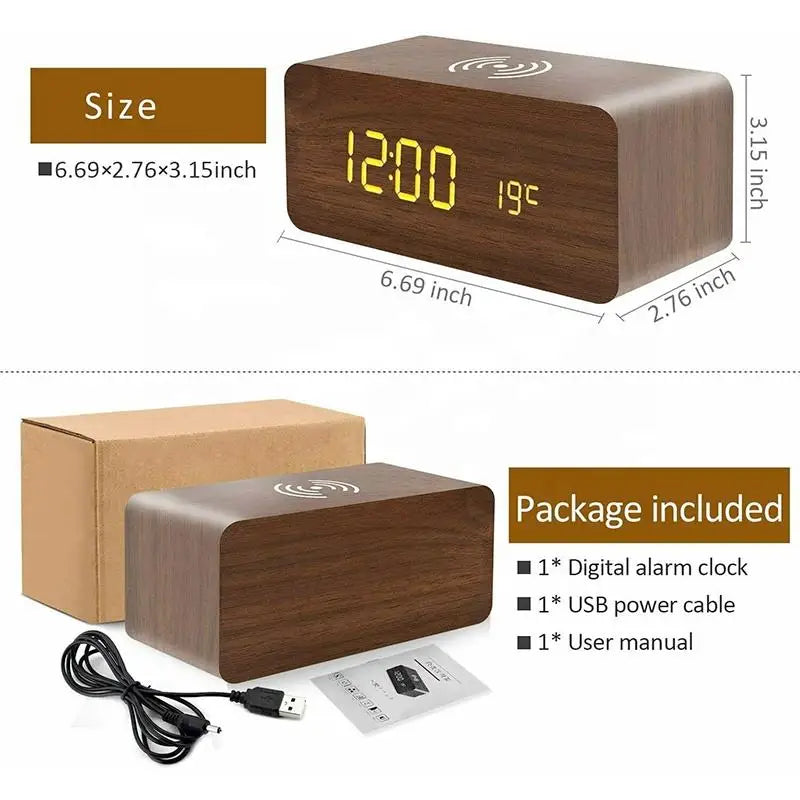 Wooden Digital Alarm Clock with Wireless Charging, LED Clock with Time, Date,Temperature, Desk Clocks for Office,Bedside Clock