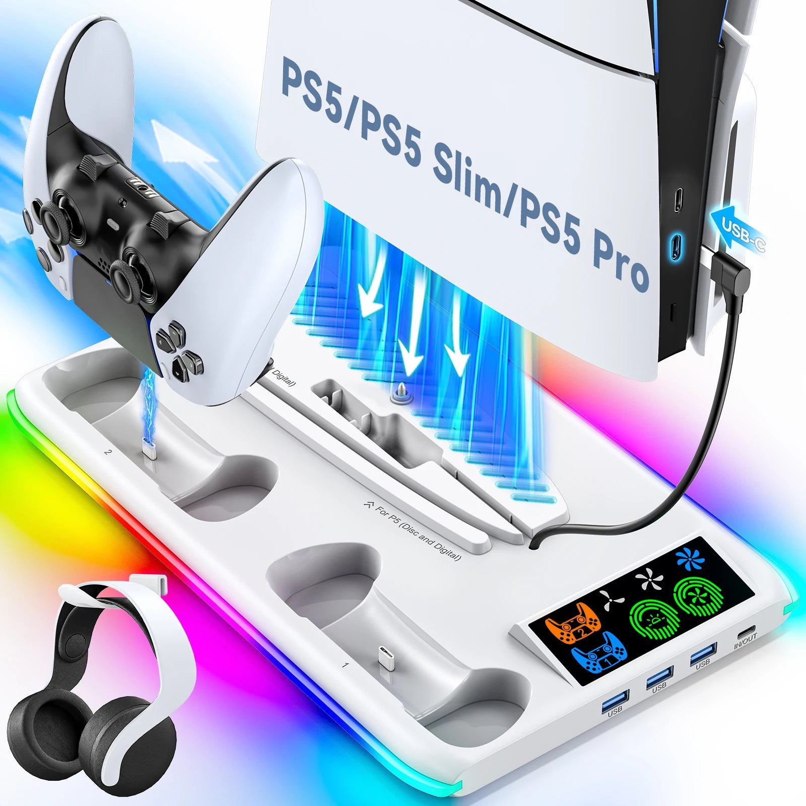 for PS5/PS5 Slim/PS5 Pro Stand with Headphone Hook Cooling Stand