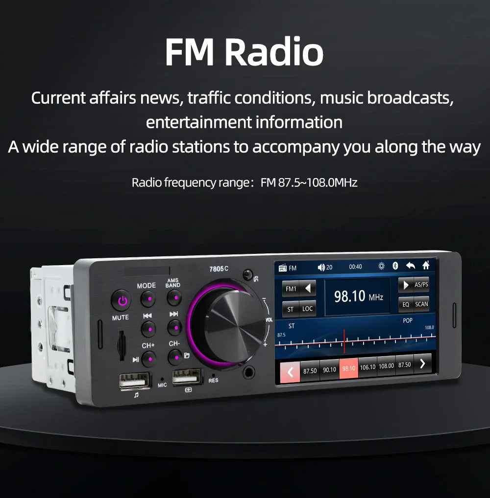 1 Din 4Inch Car Radio Touch Screen Bluetooth Music Handsfree MP5 Player TF USB Charging Remote Audio System ISO Head Unit 7805C