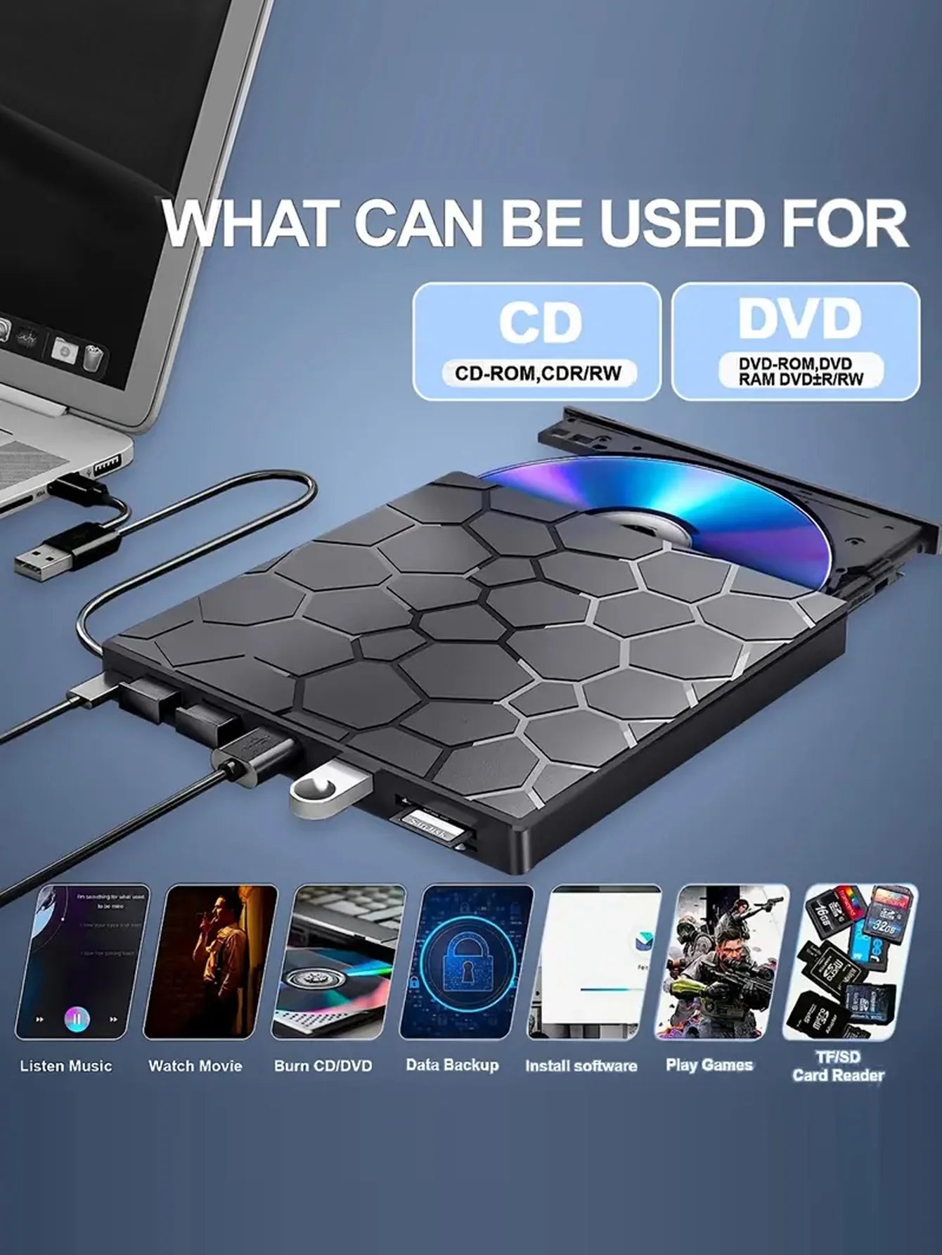 Laptop external CD/DVD drive, 8-in-1 USB 3.0 ultra-thin portable, player and burner CD/VCD/DVD
