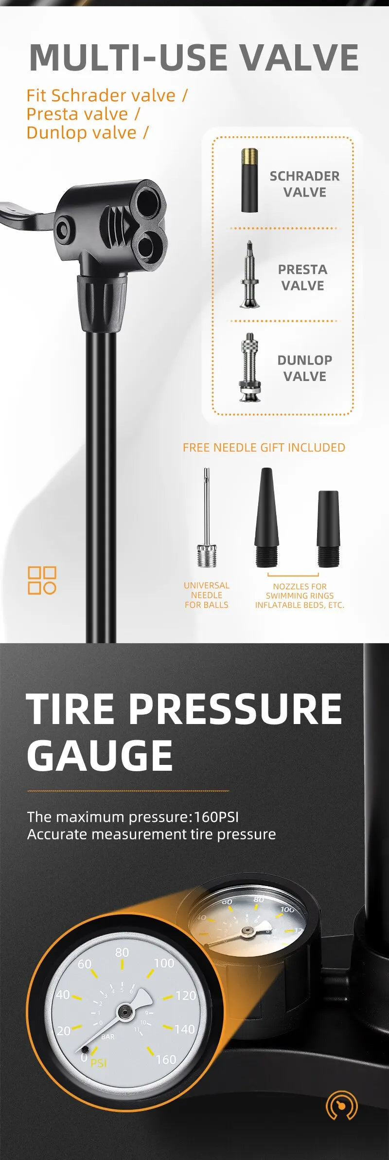 WEST BIKING Bicycle Pump 160PSI Portable Stainless Steel Bike Pump Schrader Presta Valve Inflator Mountain Road Bike Accessories