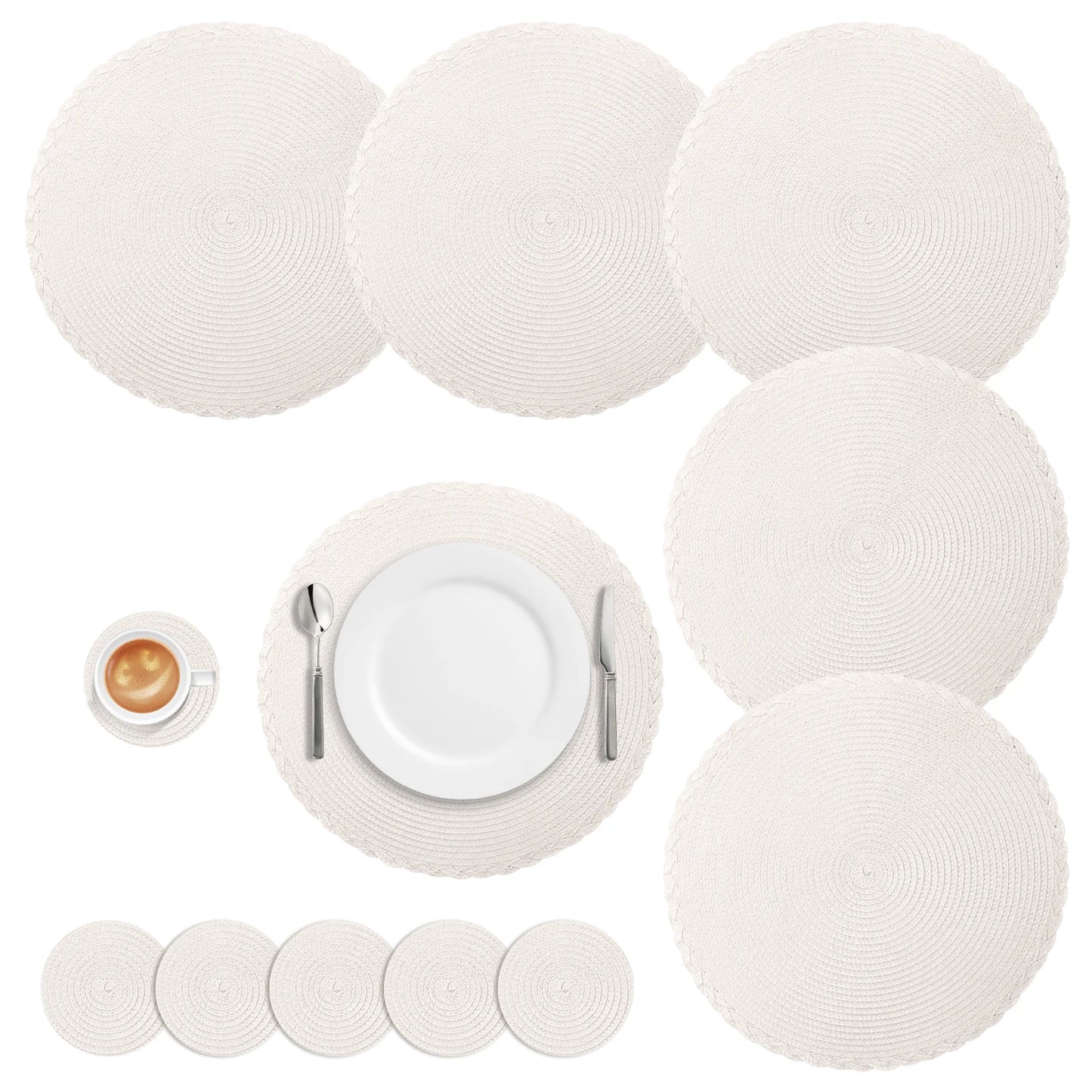 Set of 12 Round Braided Table Mat Washable Placemats Non Slip Heat Resistant for Kitchen Dining Tables Pad With Cup Coasters