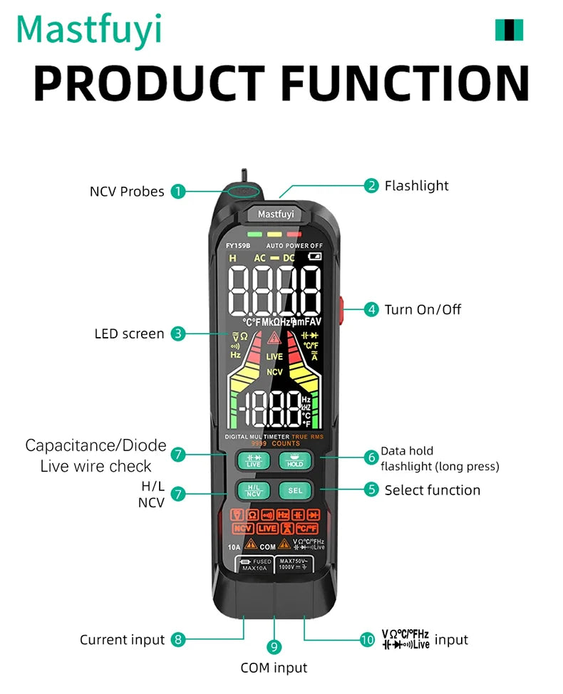 MASTFUYI Multifunction Digital Multimeter AC & DC Voltage & Current, Resistive Capacitance True RMS, Rechargeable Multimeter
