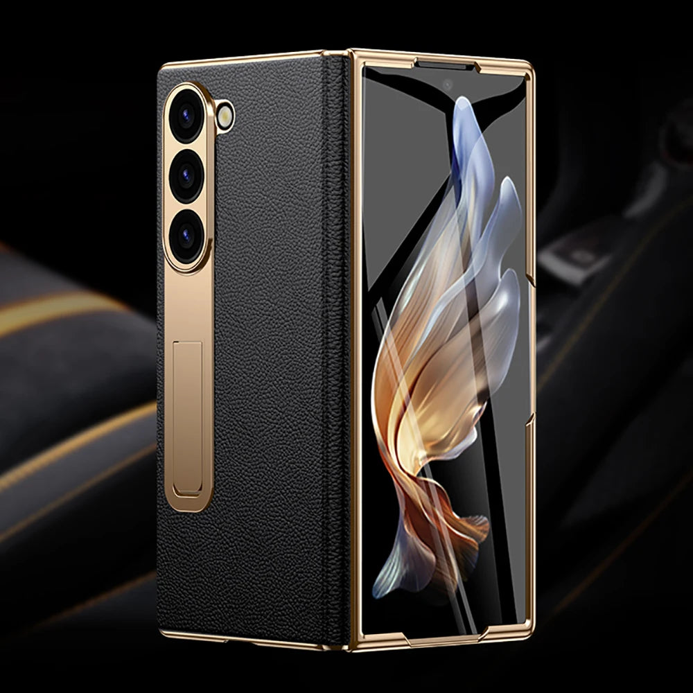 For Samsung Z Fold 7 6 5 4 3 Genuine leather Magnetic Hinge Full protective phone Case holder Kickstand fold6 Shockproof Cover