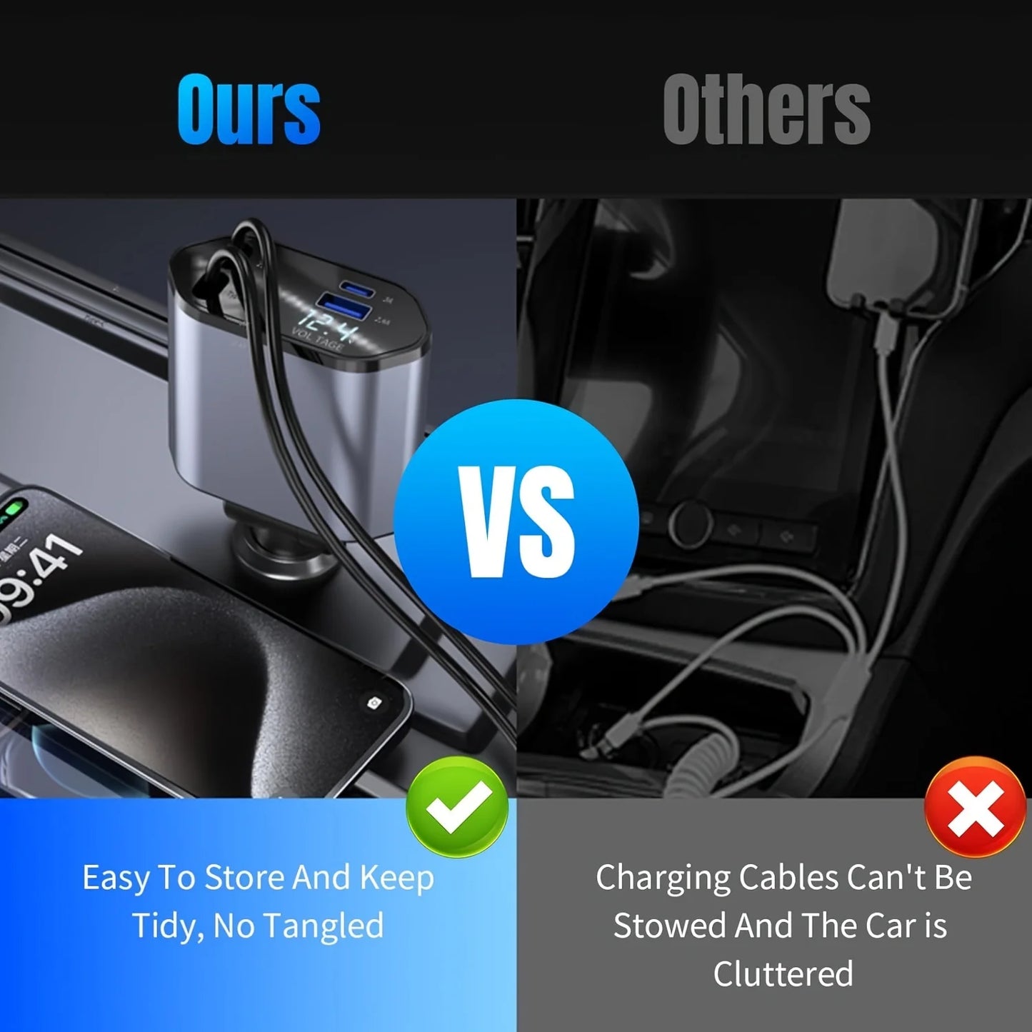 Retractable Car Charger, 4 in 1 Fast Charging Car Charger 120W, Retractable Cable and 2 USB Ports Car Charger Adapter Compatible