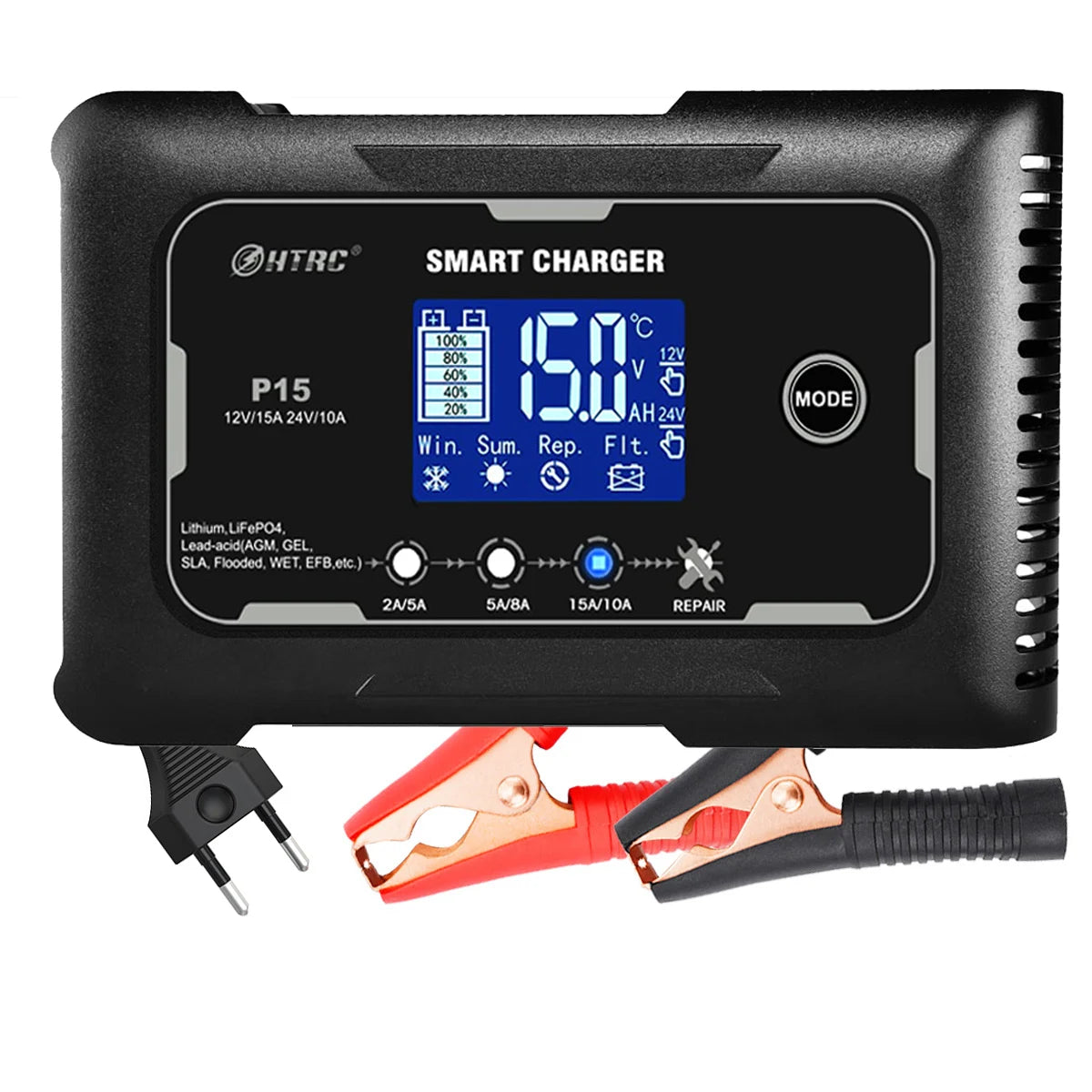 EAFC 10A/15A/20A Car Battery Charger 12V 24V Smart Charger for Lead-Acid PB AGM LiFePO4 Batteri Automatic Motorcycle Charger