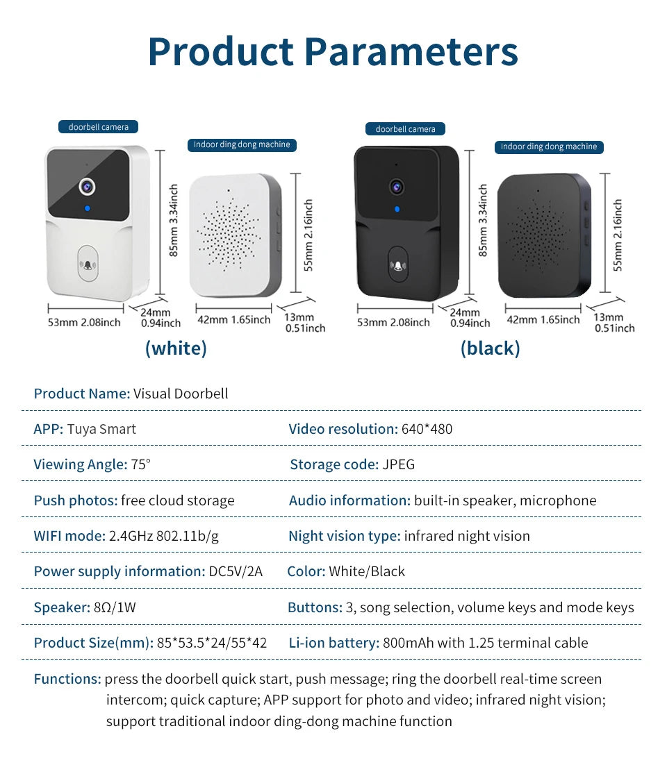 Tuya Smart Wifi Video Doorbell Wireless HD Camera PIR Motion Detection IR Alarm Security Smart Home Door Bell Intercom