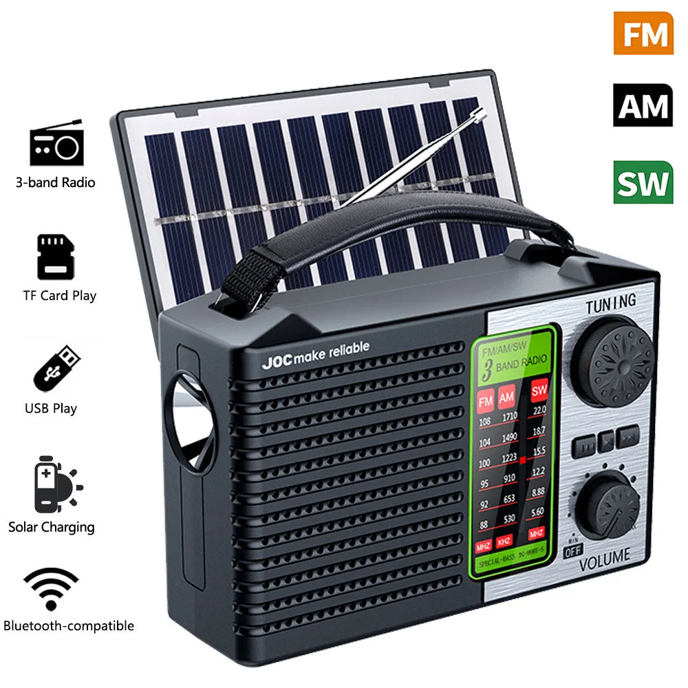 Portable FM AM SW Radio Rechargeable Outdoor Solar Full Band High Sensitivity Radio Receiver with LED Lighting Bluetooth Speaker