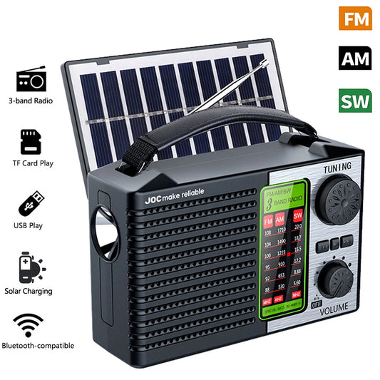 Portable FM AM SW Radio Rechargeable Outdoor Solar Full Band High Sensitivity Radio Receiver with LED Lighting Bluetooth Speaker