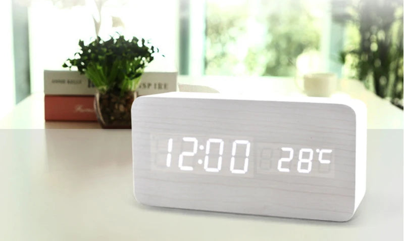 Wooden Digital Alarm Clock with Wireless Charging, LED Clock with Time, Date,Temperature, Desk Clocks for Office,Bedside Clock