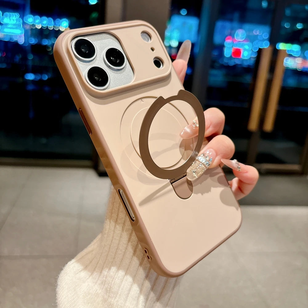 Luxury Skin Feel for Magsafe Phone Case For iPhone 17 16 13 15 Pro Max 14 Plus Magnetic Bracket Stand Anti-slip PC Cover