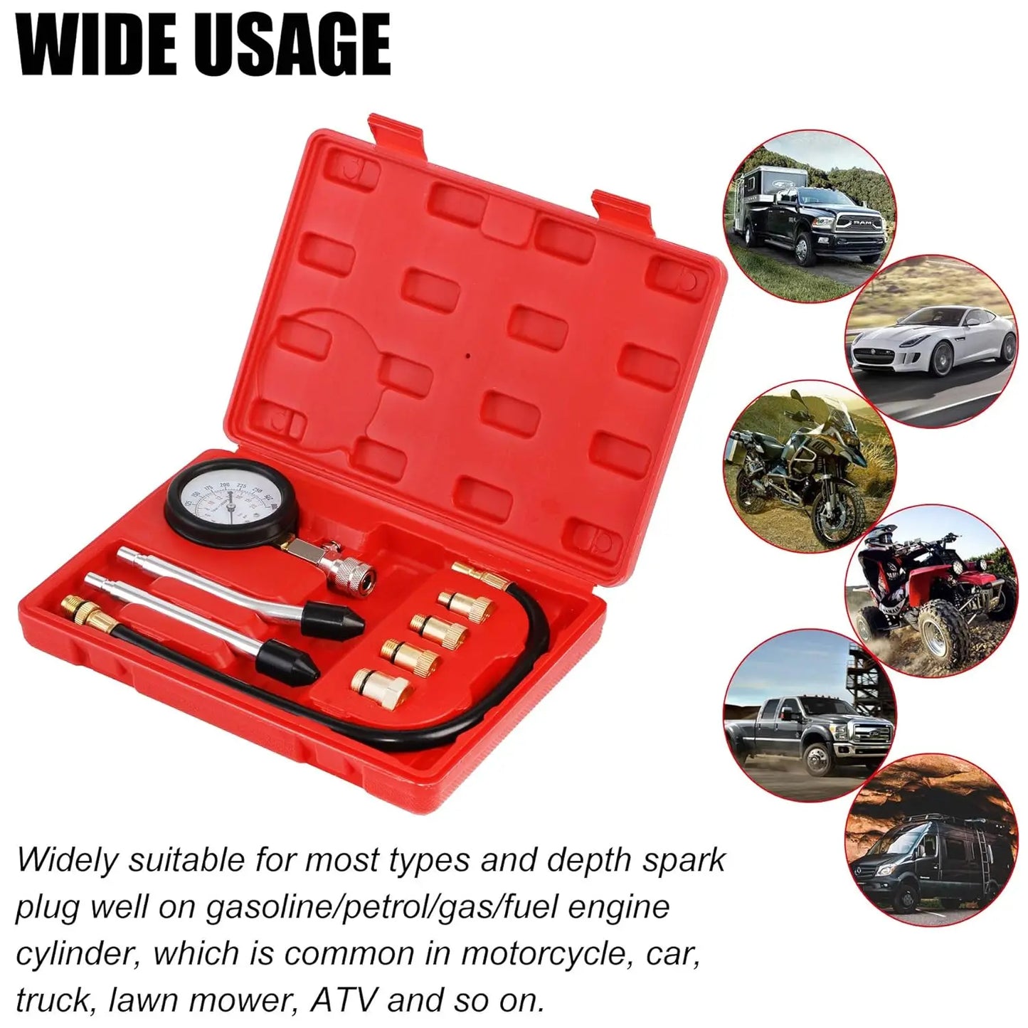 Petrol Engine Cylinder Compression Tester Kit Automotive and Motorcycles Tool 0-300PSI Engine Cylinder Pressure 0-21 Bar Gauge