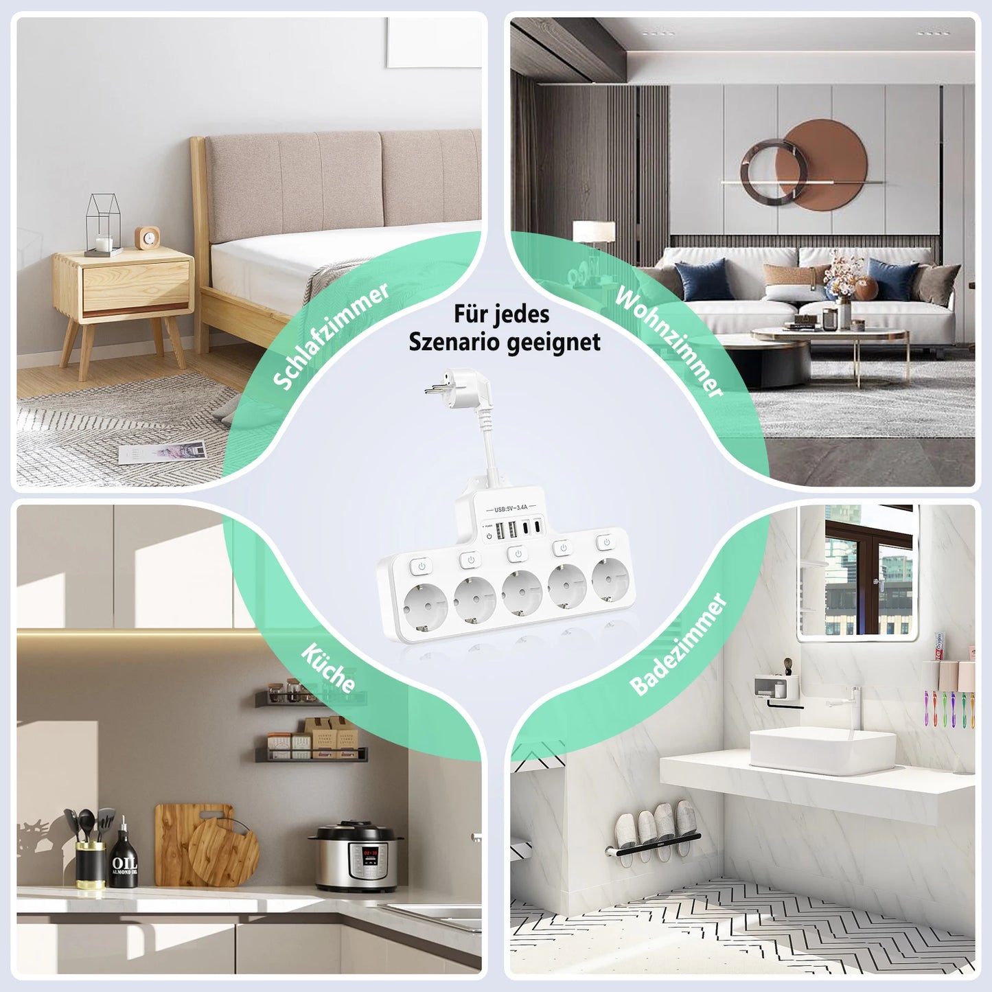 Power Strip 5-Way Multicontact Outlet EU Plug with 4 USB Ports 3.1A/5V 3840W Multiple Electrical Socket with Switch For Home