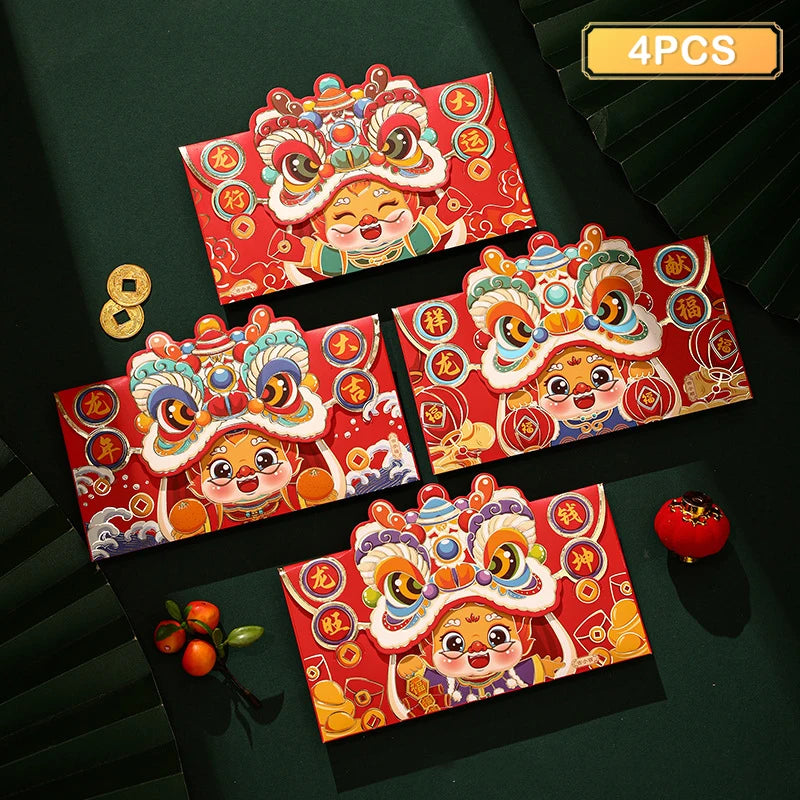 4PCS 2024 Chinese New Year Red Envelopes Cartoon Dragon Year Hongbao Spring Festival Money Pockets Wedding Lucky Packets