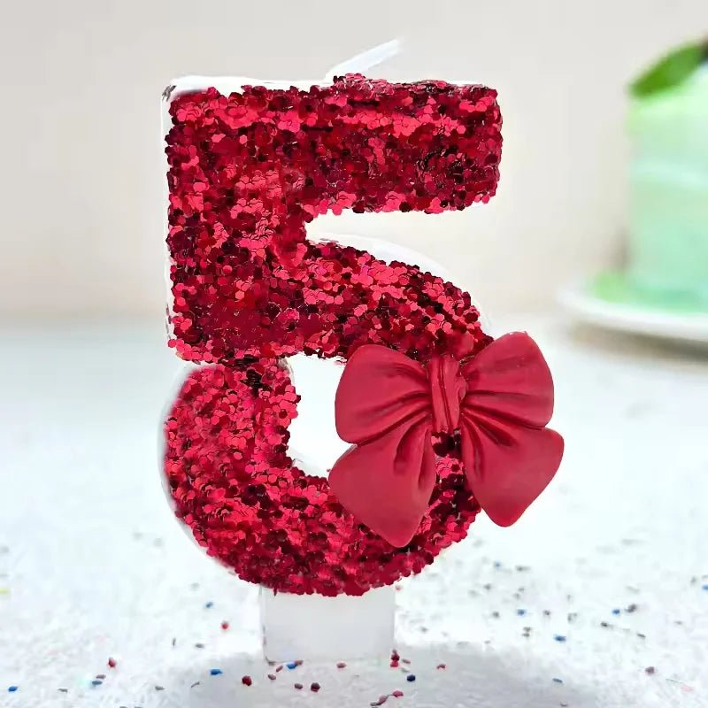 Sanrio 0-9 digit Birthday Candles,Lotus root pink bow tie with Glitter Sequins, Suitable for Birthday Party Cake Decoration