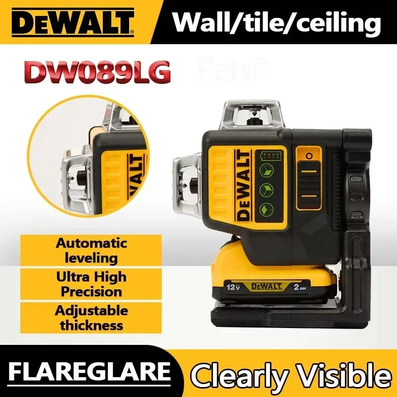 Dewalt DW089LG 3 Sides*360 Degree Vertical Lines Laser Level Meter Outdoor 12V Lithium Battery Horizontal Green Light Level