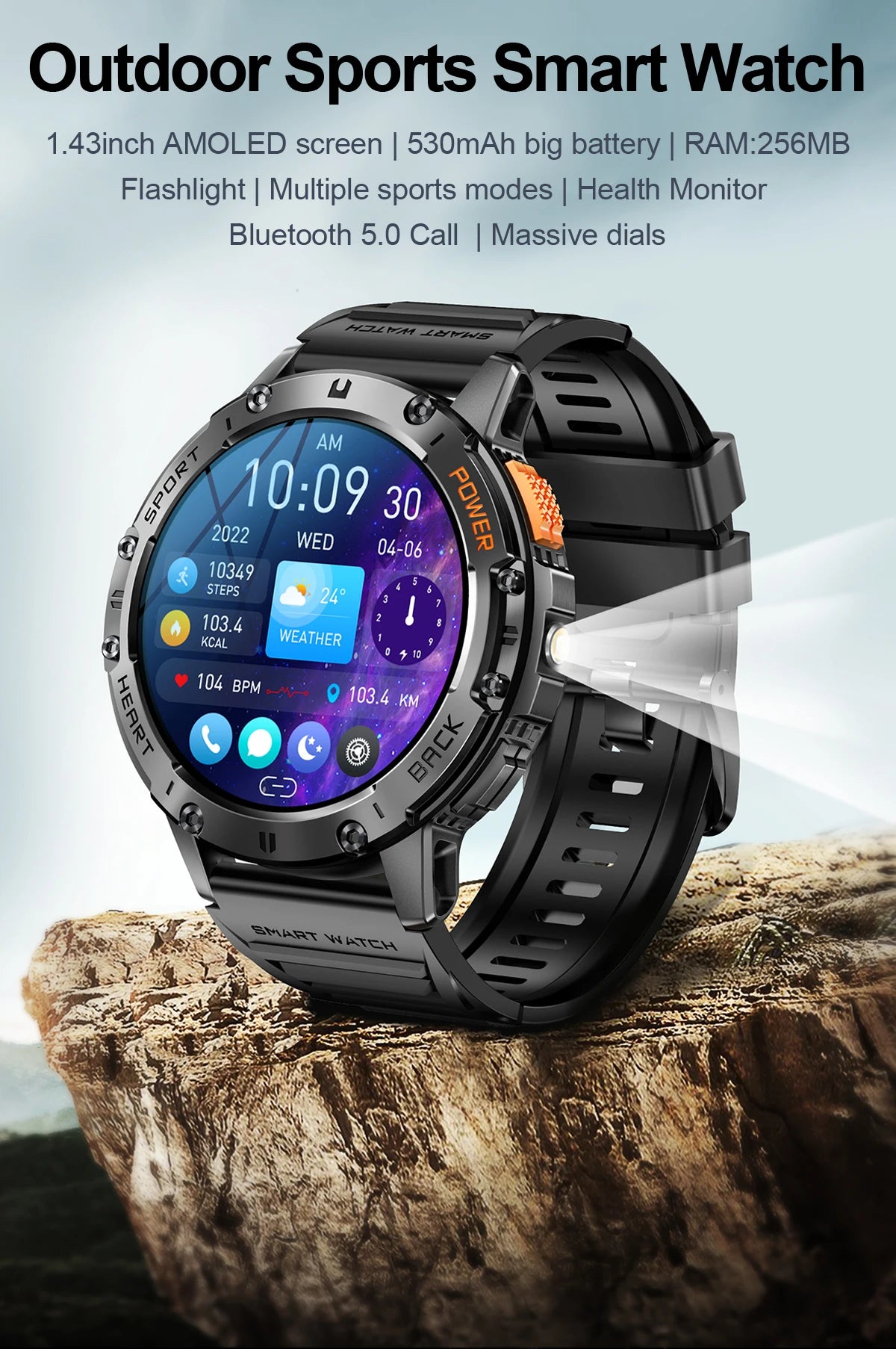 New Smart Watch Men Outdoor 530mAh Large Battery Bluetooth Call Sport Fitness Bracelet AMOLED Screen Flashlight Smartwatch