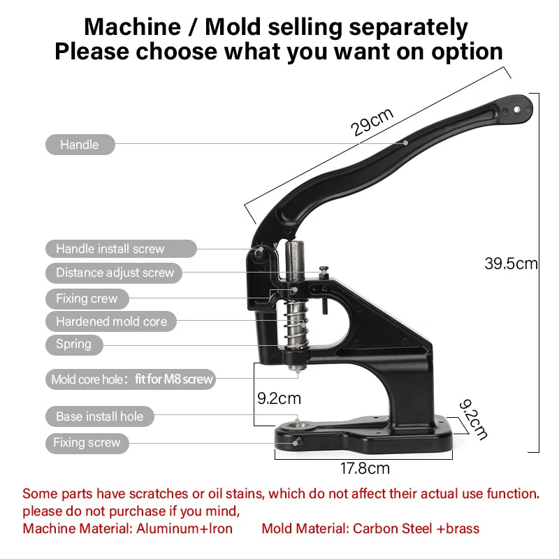 WUTA Manual Button Installation Tool Mute Punching Mushroom Rivets, Eyelet Hand Pressing (without /with Machine) DIY Craft Tools