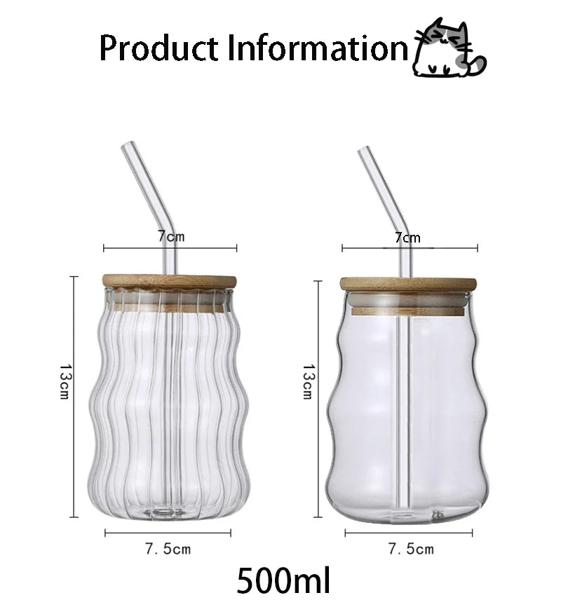1/2pcs 500ml Glass Tumblers Cups With Straw Mason Jar Clear Juice Coffee Milk Cup With Bamboo Lids Drinkware Stripe Beer Mug
