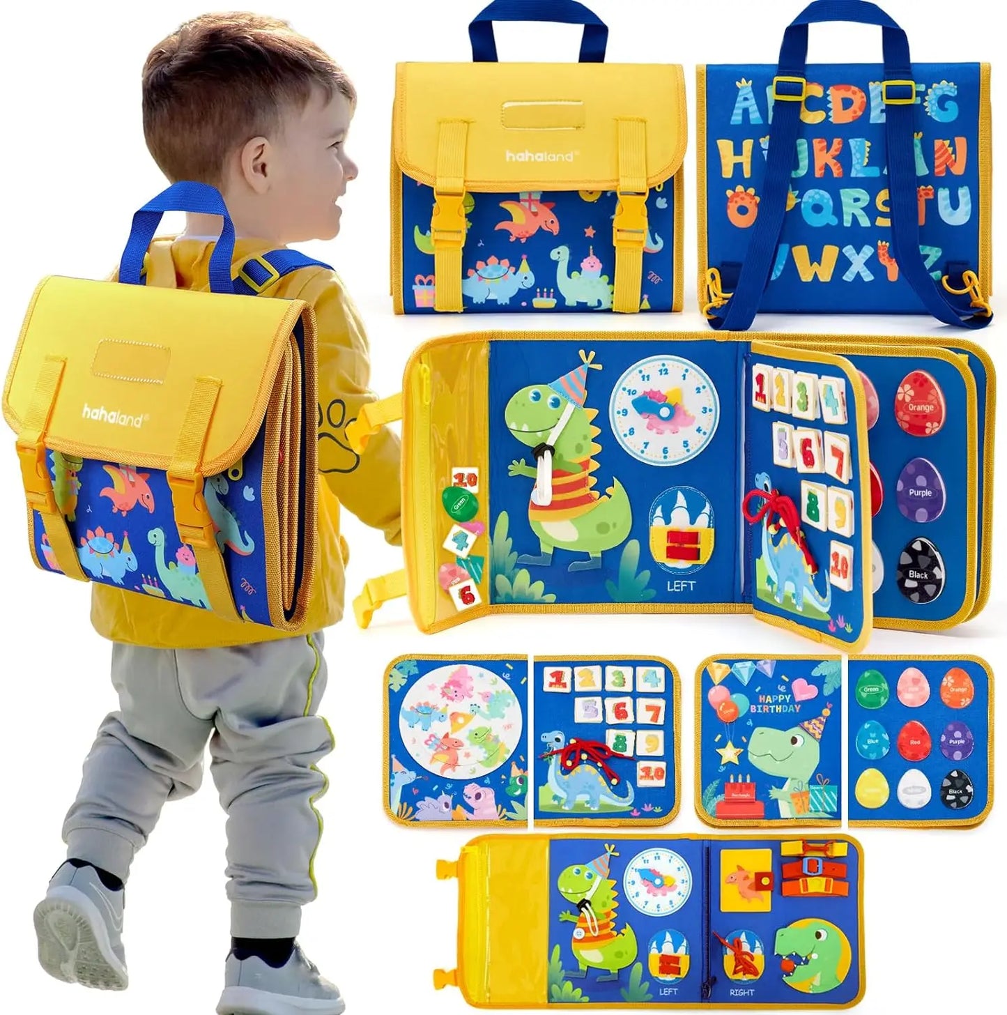 Toddler Busy Board Montessori Toys Learning Educational Activities Travel Toy Dinosaur Dress up Sensory Life Skill Backpack