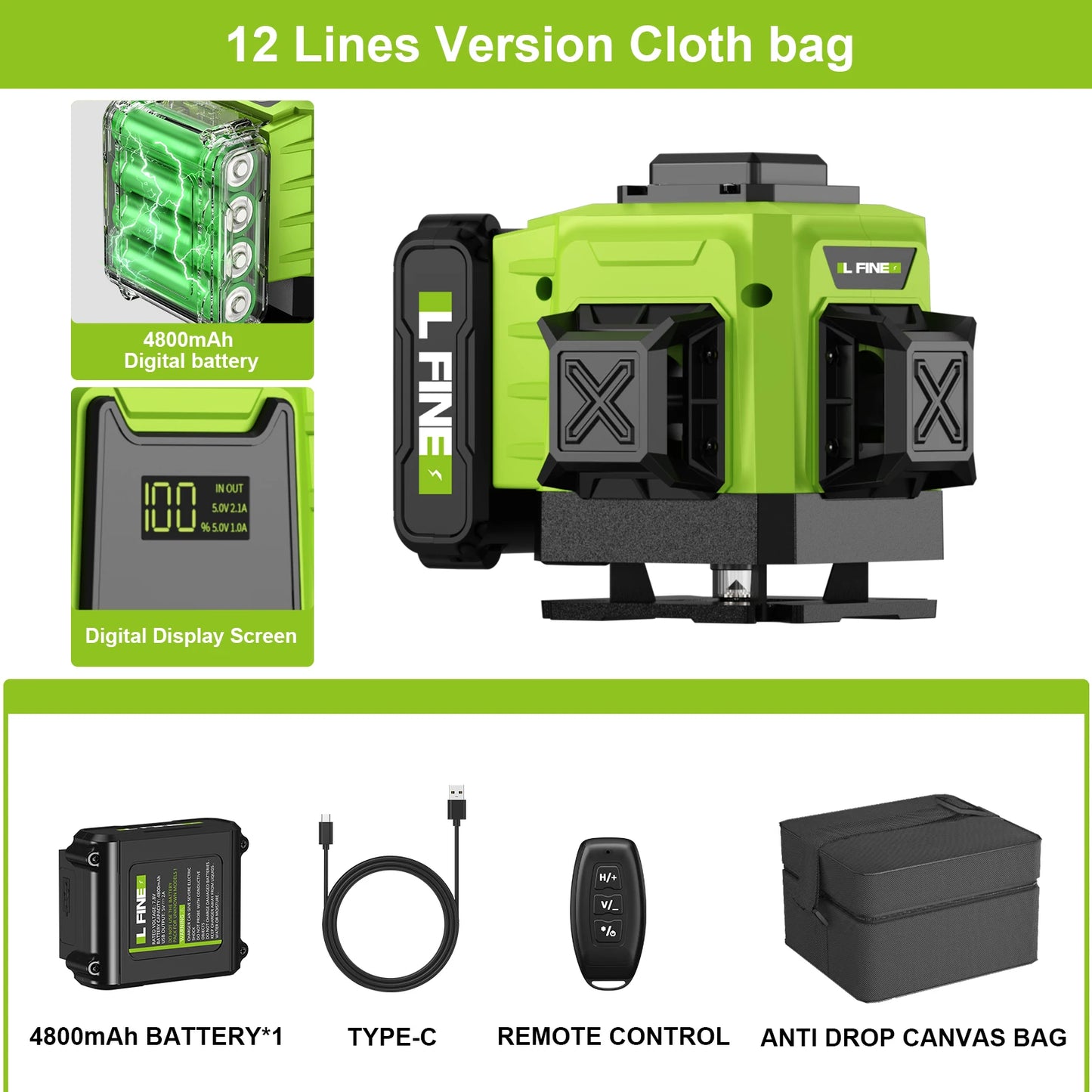 LFINE 3D/4D Laser Level 12/16 Lines Horizontal And Vertical With Remote Control 8 Lines 360°Self-leveling Laser Levels