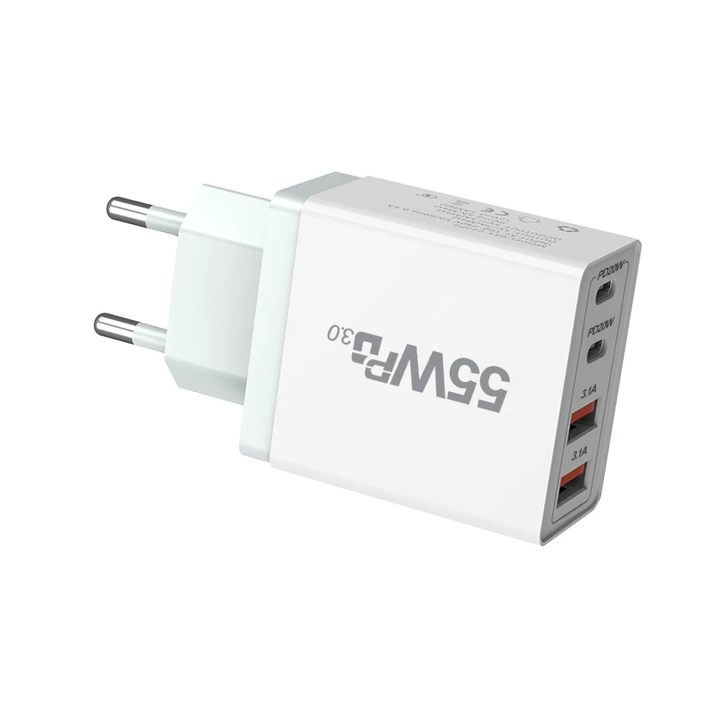 New Universal 55W  fast charging 4Ports Dual PD Type C USB Wall Charger US Power Adapters For Iphone  Ipad Universal  Xiaomi LG