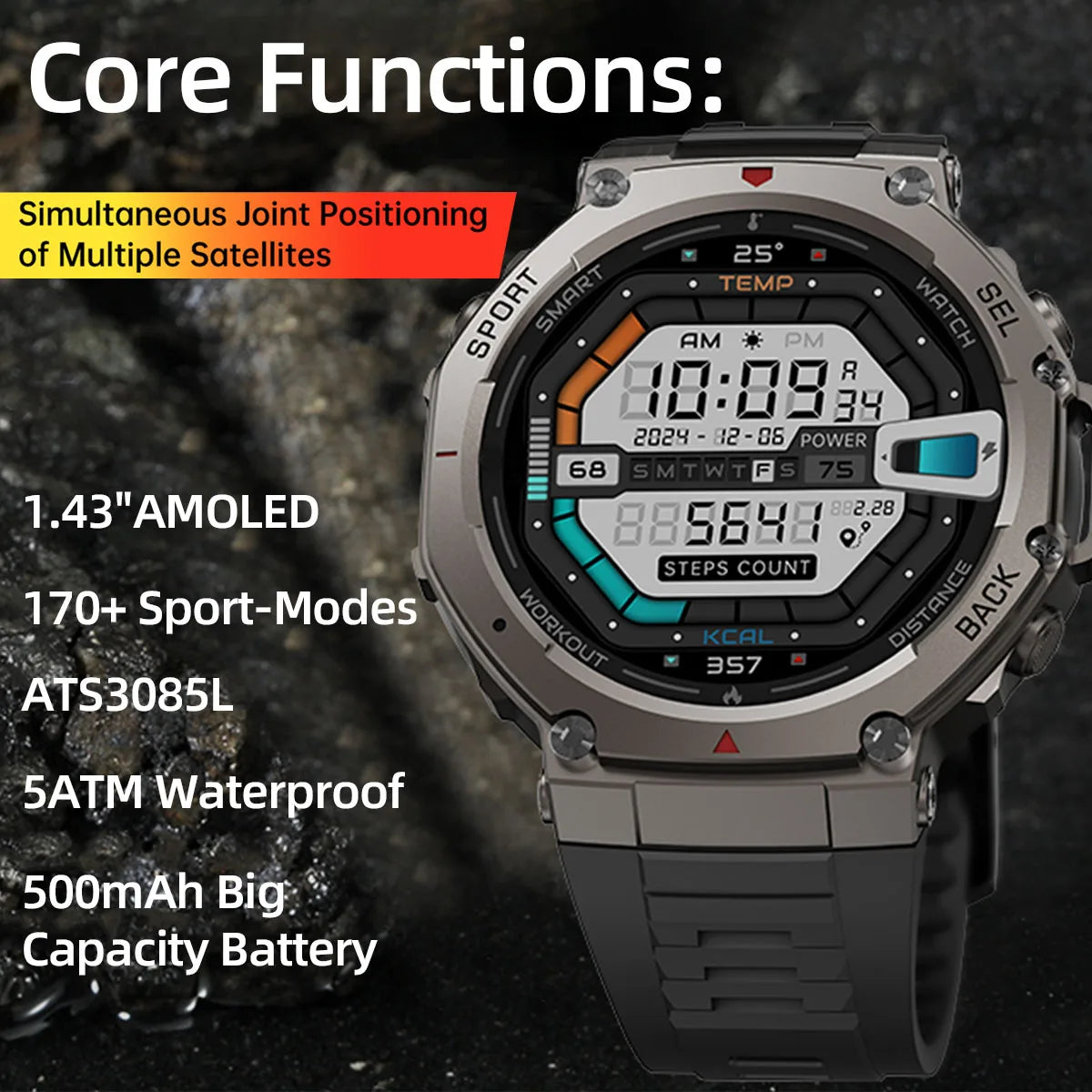 New Smart Watch 466*466 1.43 AMOLED Full Touch Screen 5ATM waterproof GPS 500mAh High Battery Compass  170+ Sports Modes For Men