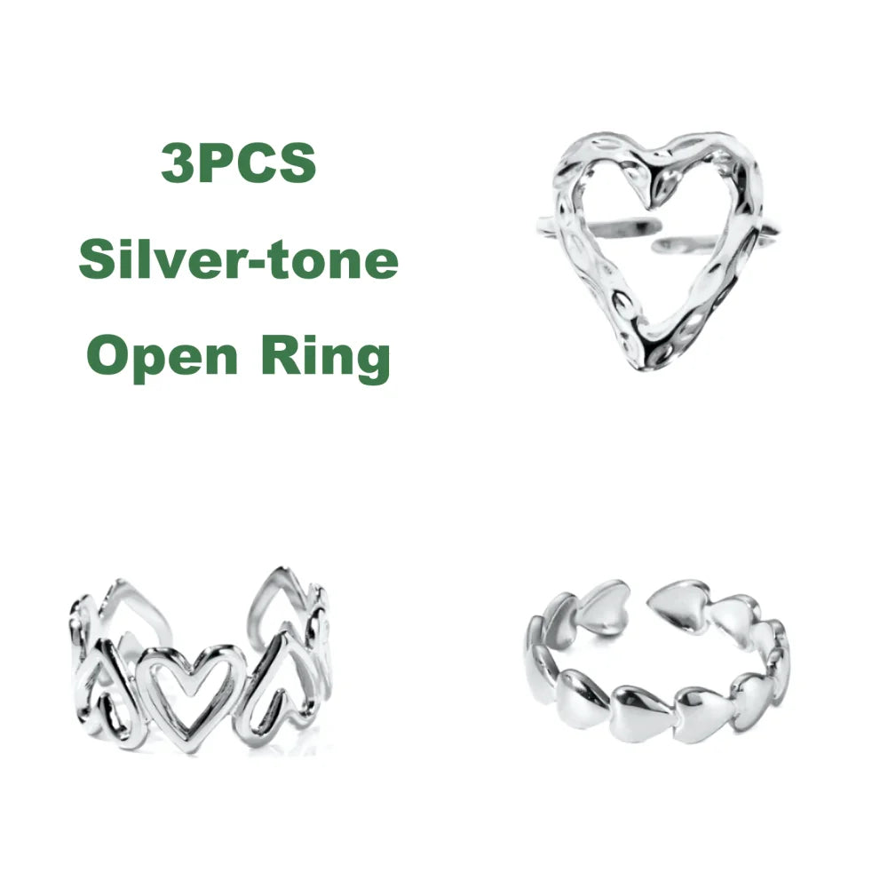 1/3PCS Adjustable Full Circle Hollow Heart-Shaped Open Cuff Ring Stainless Steel Jewelry Irregular Stackable Rings For Women