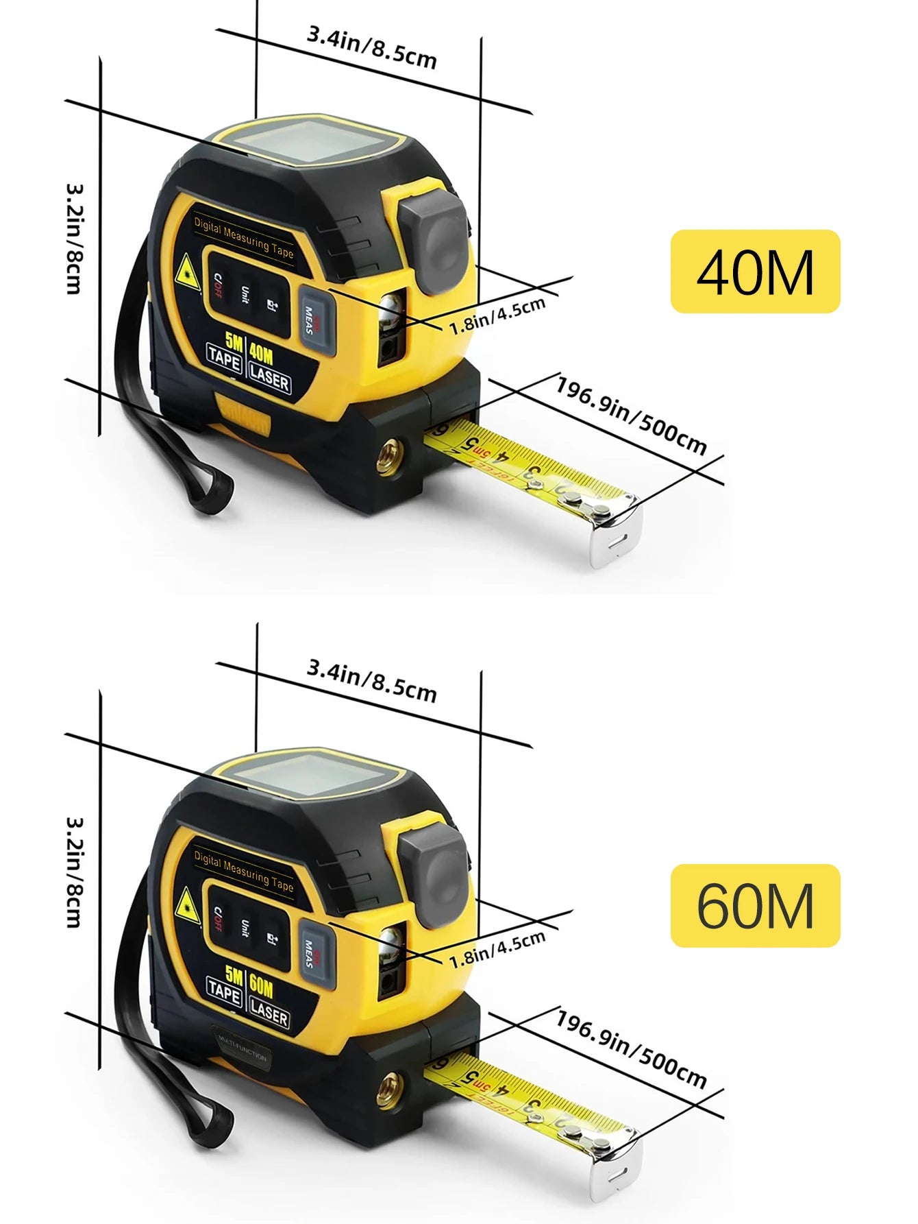 3-in-1 Laser Tape Measure 40/60M Meters Infrared Laser Distance Measuring Smart Energy Ruler High Precision Measuring Instrument