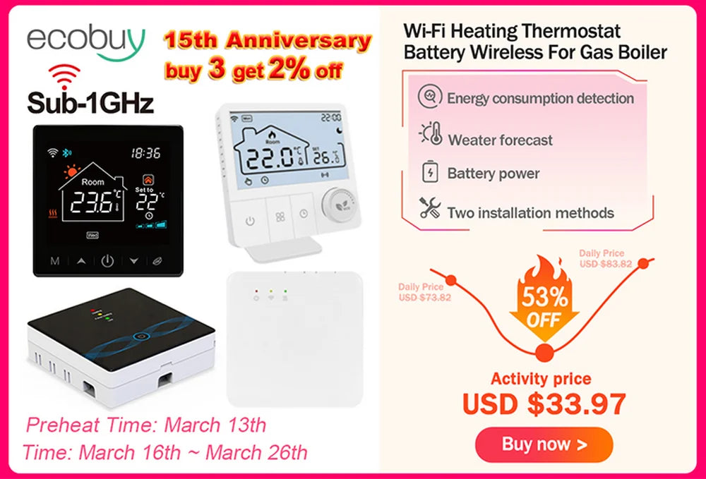 Tuya Wifi Boiler Thermostat Wireless Heating Room Thermostats Wifi Battery Operated Gas Boiler Water Heating Alexa Google Home