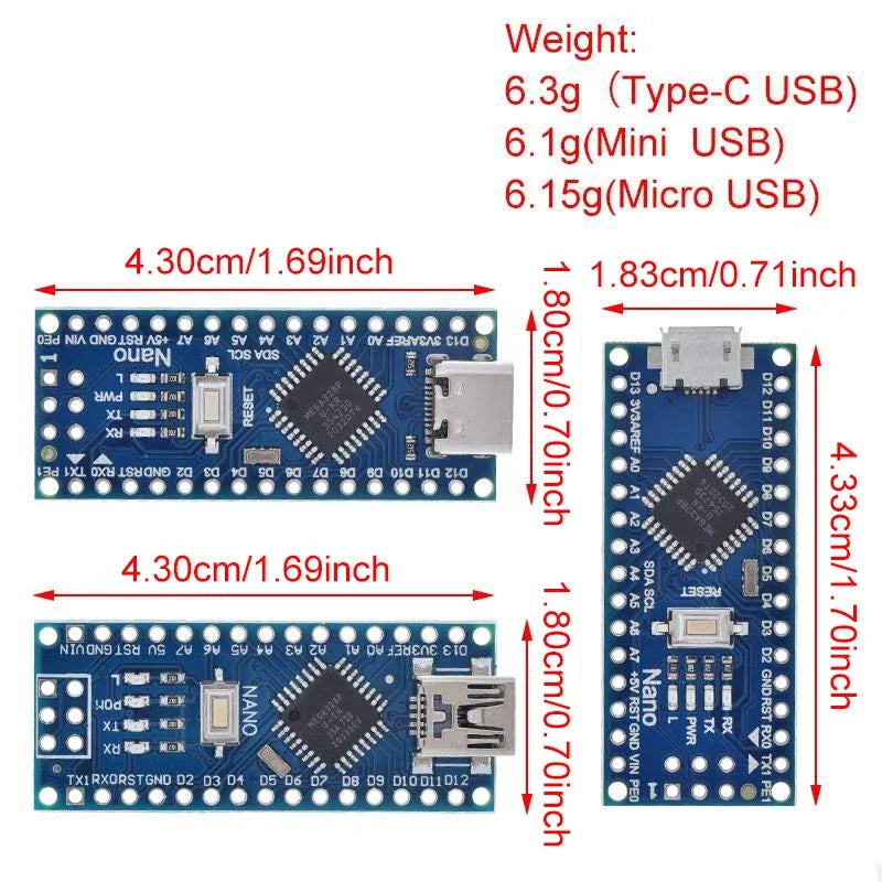 Mini/ Type-C /Micro USB Cable Nano 3.0 With Bootloader Compatible Nano Controller for Arduino CH340 USB driver 16Mhz ATMEGA328PB