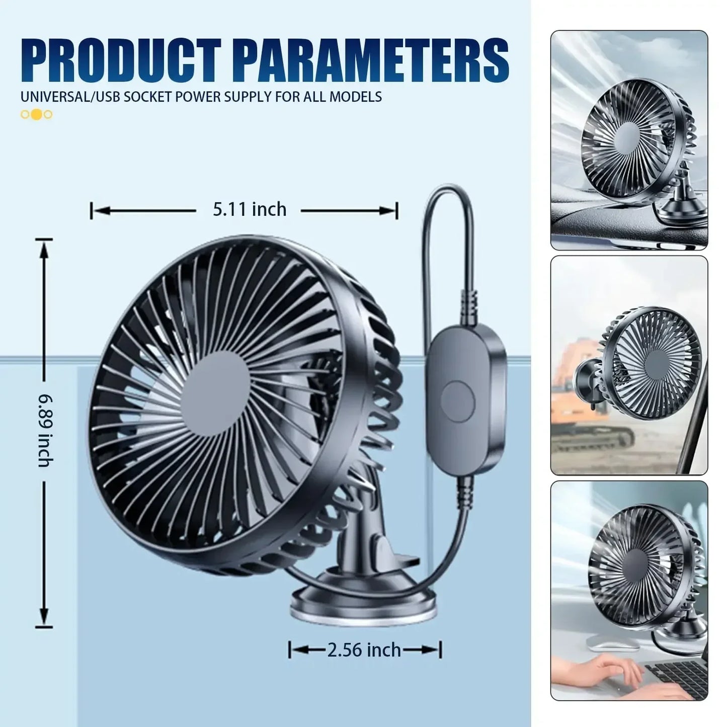 Suction Cup Car Fan 360° Rotatable USB Interface Low Noise 3-Speed Control Powerful Car Cooling Fan for Home Desk Office Car
