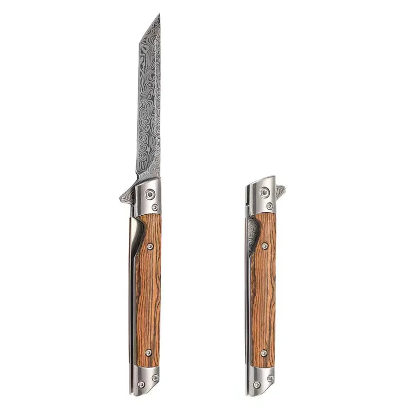 Portable Damascus Carry Pocket Knife Survival Knife Folding Knife Outdoor Tactical Knife Survival Camping Knife Wooden Handle