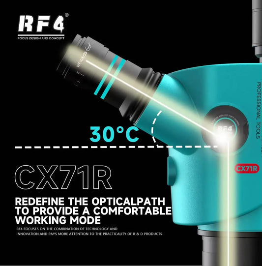 RF4 CX71R New Focus Trinocular Stereo Microscope 6.5x-65x 30°C Ergonomic Design 10X/23MM Eyepice for Phone Soldering PCB Repair
