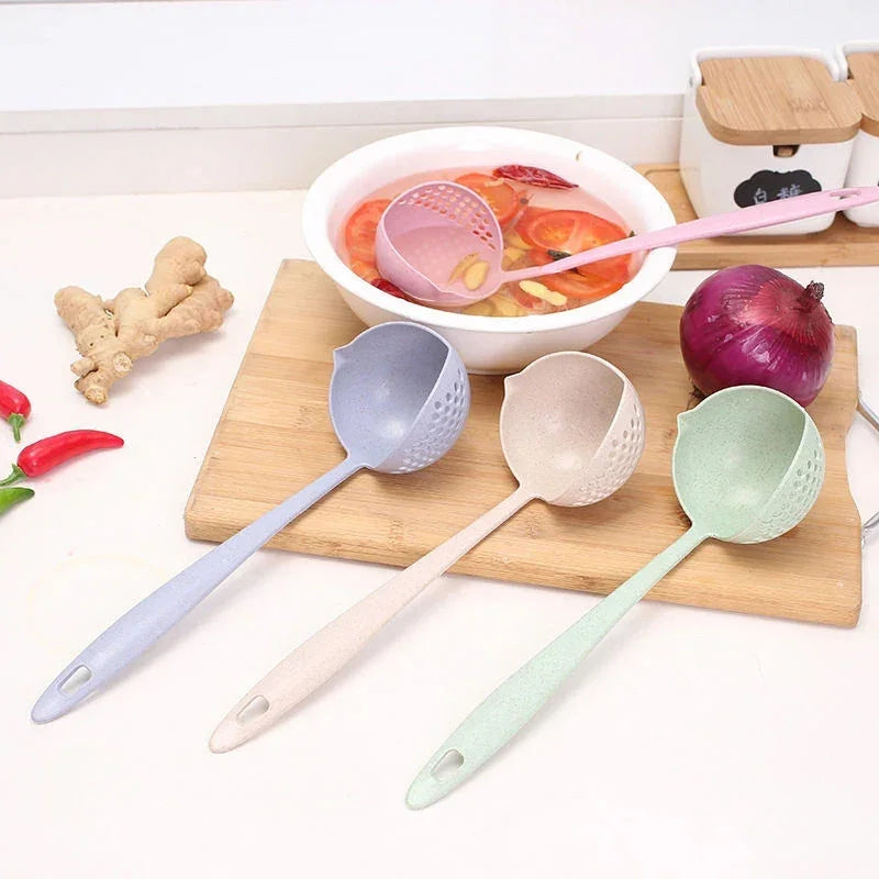 2 In 1 Creative Wheat Straw Soup Spoon Long Handle Lovely Porridge Spoons With Filter Dinnerware Kitchen Colander Tools