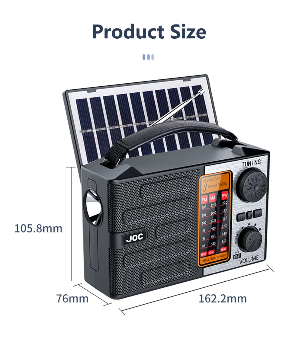 Portable FM AM SW Radio Rechargeable Outdoor Solar Full Band High Sensitivity Radio Receiver with LED Lighting Bluetooth Speaker
