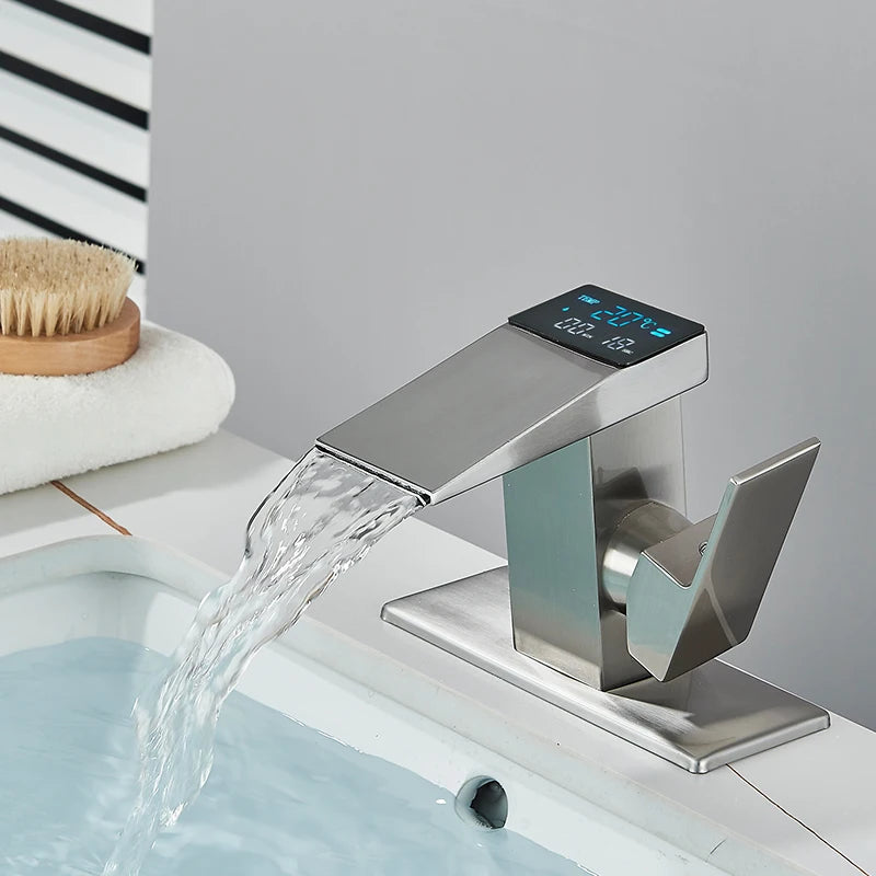 Smart Digital Display Basin Sink Faucet Hot Cold Water Temperature LED Washbasin Waterfall Taps Bathroom Deck Mixers