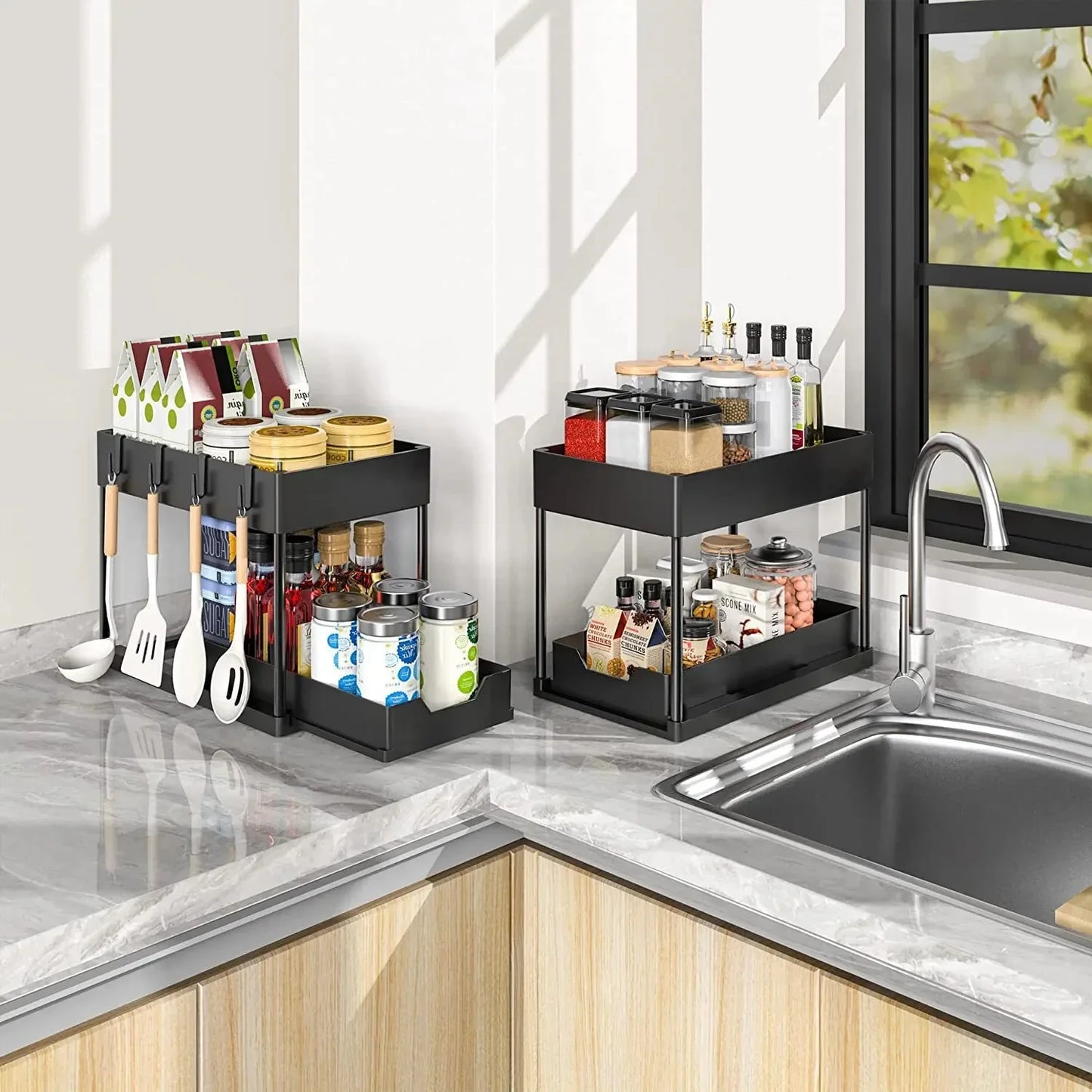 Organization and storage under the sewer, kitchen finishing rack with double sliding drawers, multifunctional storage rack shelf