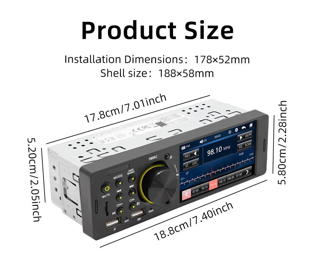 1 Din 4Inch Car Radio Touch Screen Bluetooth Music Handsfree MP5 Player TF USB Charging Remote Audio System ISO Head Unit 7805C