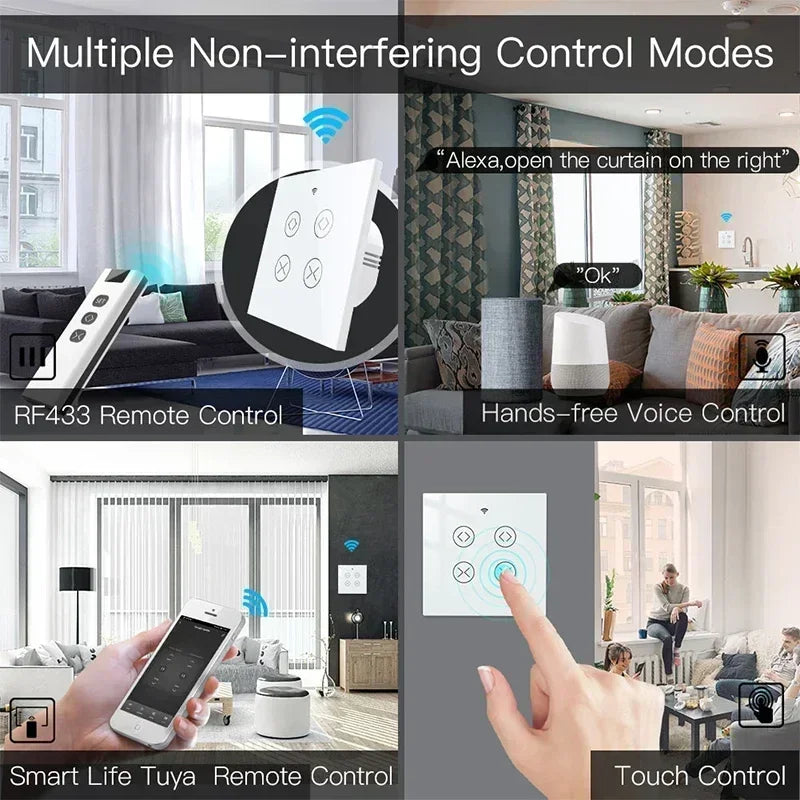 Tuya SmartLife WiFi RF 2 Gang Double Curtain Blind Switch for Roller Shutter Electric Motor With Alexa Google Home Voice Control