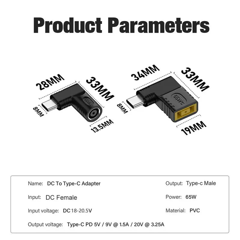 PD 65W Laptop Power Connector DC Jack Female to USB Type C Male Output Fast Charging Adapter for MacBook Tablet Switch Phone