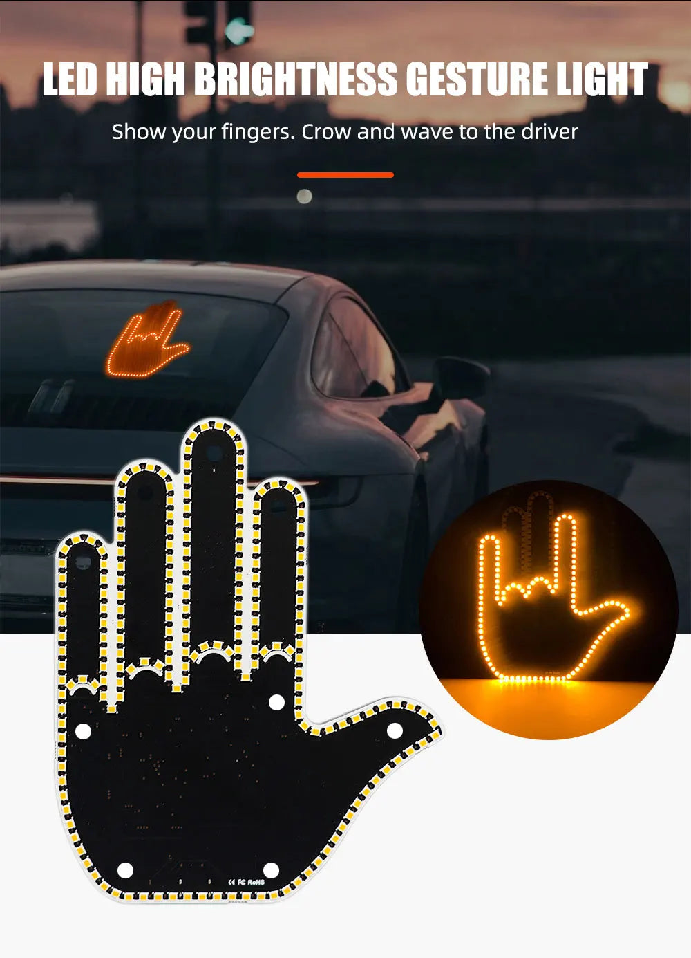 Funny Car Finger Light with Remote, Road Rage Signs Middle Finger Gesture Light,Auto Amber Warning Brake Light Car Accessories