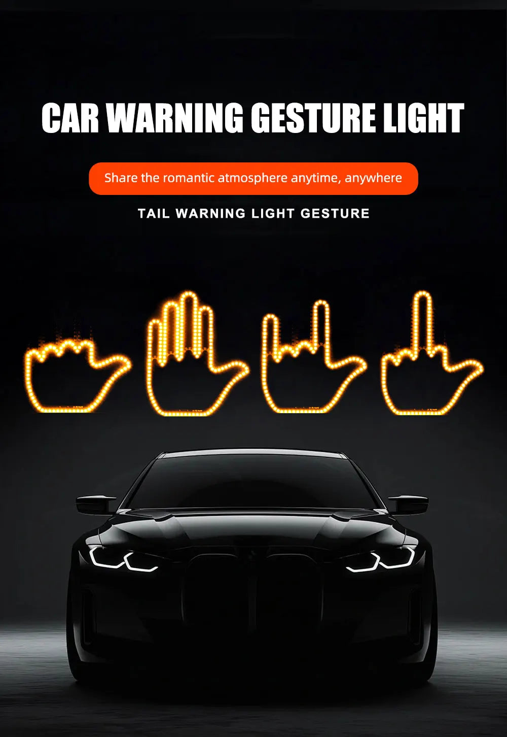 Funny Car Finger Light with Remote, Road Rage Signs Middle Finger Gesture Light,Auto Amber Warning Brake Light Car Accessories