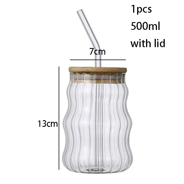 1/2pcs 500ml Glass Tumblers Cups With Straw Mason Jar Clear Juice Coffee Milk Cup With Bamboo Lids Drinkware Stripe Beer Mug