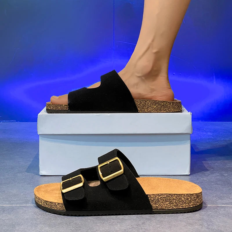 【Retro double button + cork foot feeling】Couple casual slippers for summer wear, anti-slip comfortable sandals