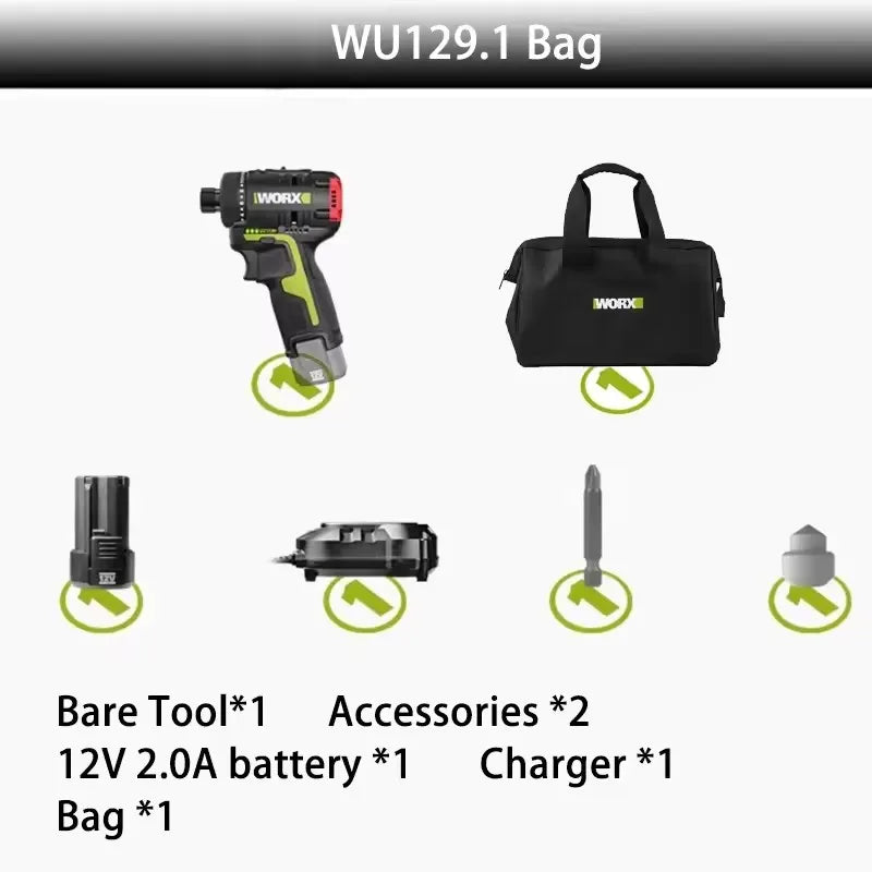 Worx WU129 Cordless Screwdriver 12V 1800rpm Brushless Motor 40Nm Dual Speed Adjustable Torque Wireless Universal Drill