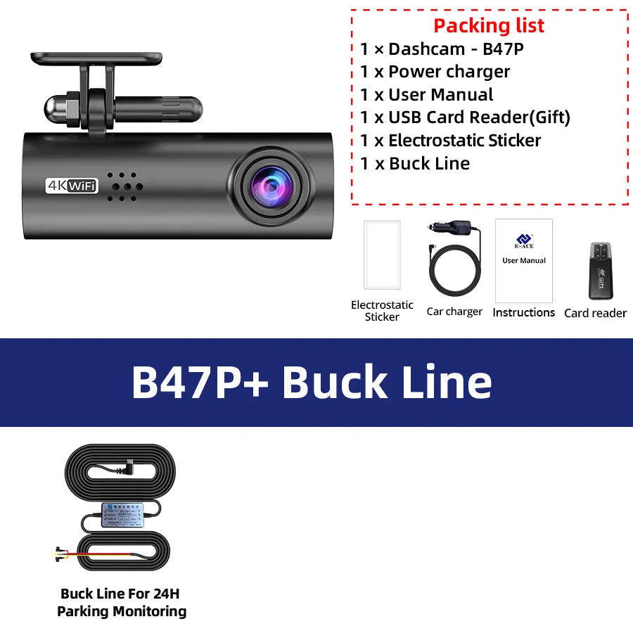 E-ACE 4K UHD WIFI Mini Dash Cam Car Dvr Video Recorder With APP Control Night Vision 24H Parking Camera Monitor Car Accessories