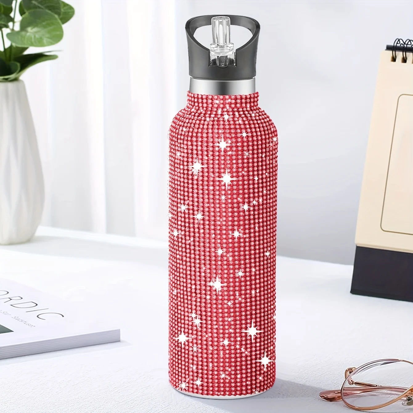 1 Piece 17oz/25oz Sports Diamond-encrusted Stainless Steel Thermos Cup With Straw Suitable For Hot And Cold Drinks